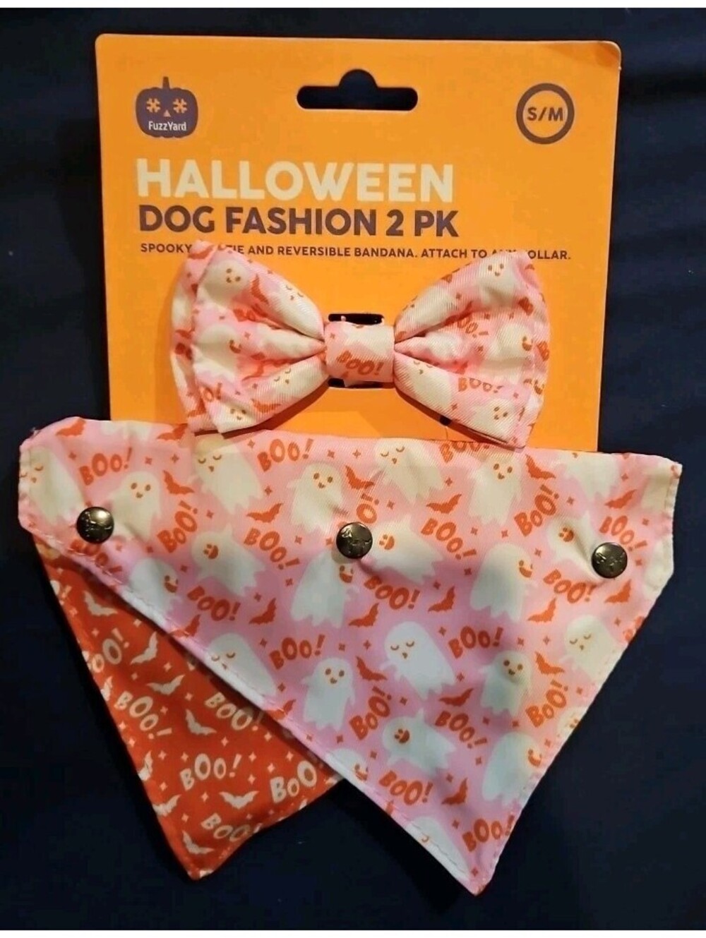 Halloween Dog Fashion 2 Pk Boo! Bow Tie And Reversible Bandana - New